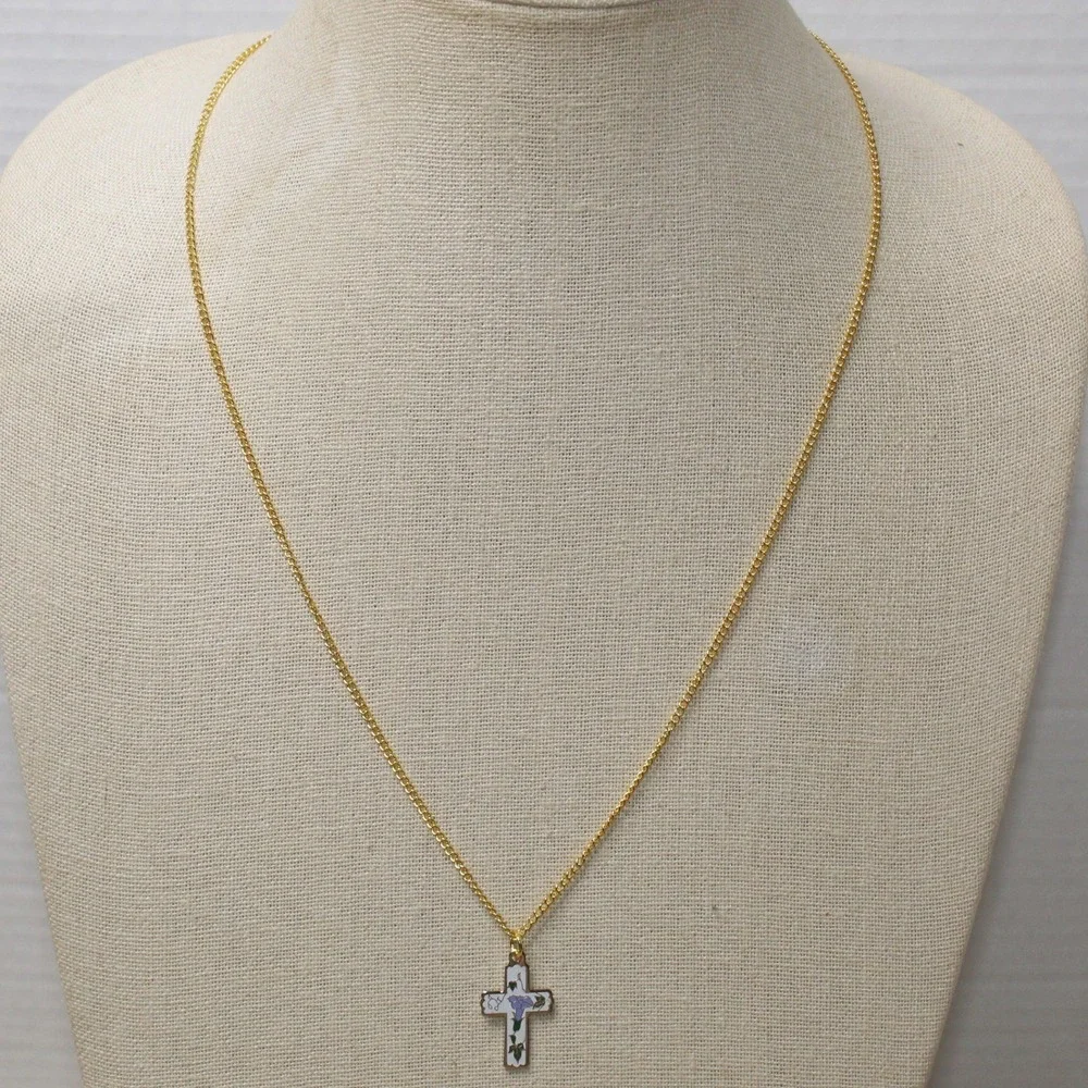 Enamel Cross Necklace Morning Glory Floral Pendant 23.5